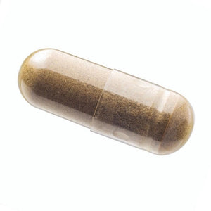 Organic ‘Clarity’ mushroom capsule: a clear, oval supplement shell filled with finely ground brown herbal powder.