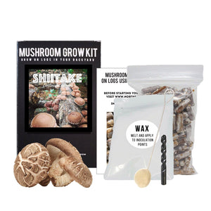Organic shiitake mushroom log kit featuring spawn plugs, wax, a drill bit, applicator, instructions, and fresh mushrooms.