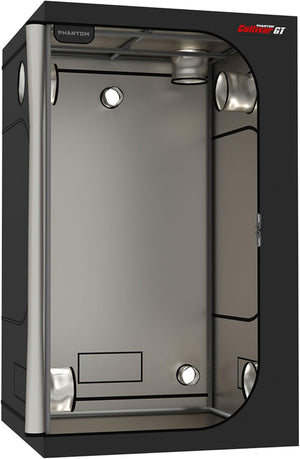 Phantom Cultivar GT44: A black 4x4 indoor grow tent with a reflective silver interior for controlled gardening.