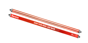 Two slim, red Photontek 50W far-red LED grow light bars for supplemental plant lighting isolated on black.