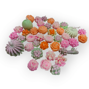 A cluster of small, colorful succulent and flower-shaped candles in shades of pink, orange, green, and cream.