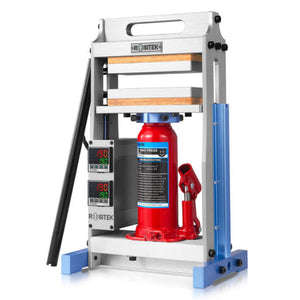 ROSITEK 8-ton hydraulic rosin press with silver metal frame, red bottle jack, and dual 3x7" heated extraction plates.
