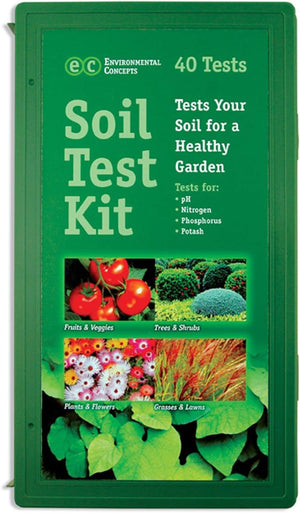 Green Rapitest Soil Test Kit box for checking pH, nitrogen, phosphorus, and potash levels in garden soil.