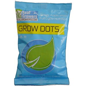 Light blue pouch of Real Growers Grow Dots, a programmed-release plant fertilizer for full-cycle garden nutrition.