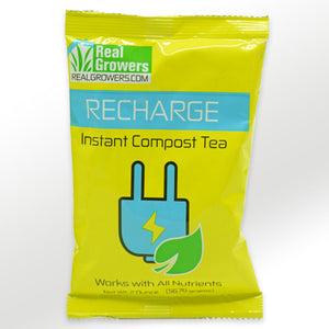 A yellow 2-ounce pouch of Real Growers Recharge instant compost tea, featuring a blue electric plug and leaf graphic.