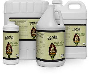Group of white plastic jugs of Roots Organics Buddha Grow liquid plant nutrient fertilizer with a branded Buddha logo.