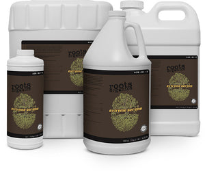 Four white plastic bottles of Roots Organics Extreme Serene plant supplement with brown labels against a white background.