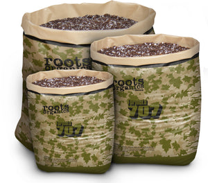 Three open bags of Roots Organics Formula 707 soil mix, featuring camouflage print and dark brown potting medium.