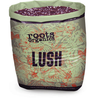 An open 1.5 cu ft bag of Roots Organics LUSH, a nutrient-rich, dark brown potting soil with white perlite.