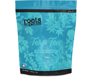 Roots Organics Terp Tea Microbe Charge fertilizer in a blue, stand-up pouch with botanical illustrations.