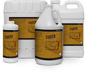 Roots Organics Trinity carbo catalyst plant supplement in white plastic jugs of various sizes with tan-colored labels.