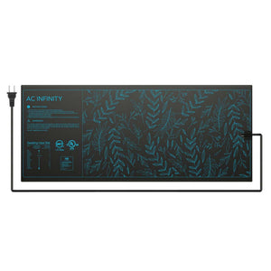 Black waterproof seedling heat mat with blue leaf patterns, featuring AC Infinity branding and a power cord.