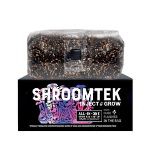 ShroomTek all-in-one mushroom grow bag with grain substrate, filter patch, and injection port, shown with product box.