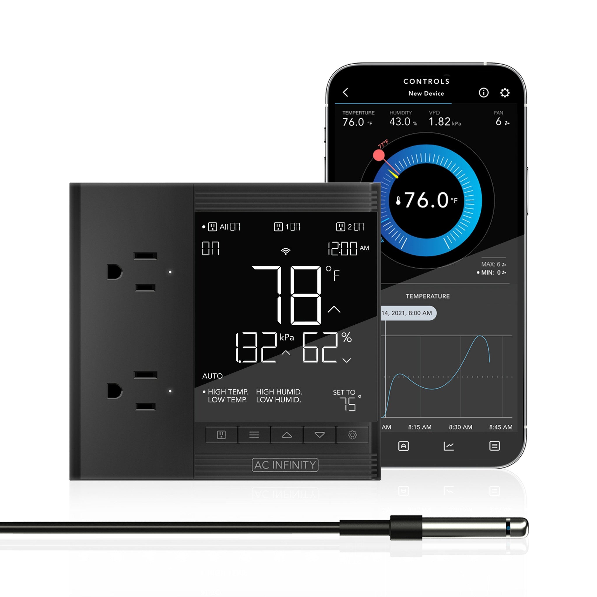 AC Infinity Controller 75 Climate Controller with Dual Outlets and Temp, Humidity & VPD Sensor