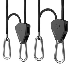Pair of black AC Infinity heavy-duty rope hangers with adjustable ratchets and silver metal carabiners for grow lights.