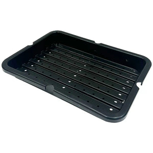 Black rectangular plastic microgreen tray with drainage holes on the base for hydroponic gardening.