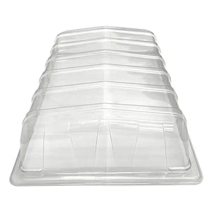Clear, plastic Tray2Grow seed tray lid with a peaked top to create a humid environment for starting seeds.