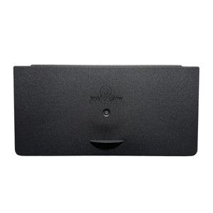 Black rectangular Tray2Grow plastic lid for a hydroponic tray, featuring an embossed logo and a small grip handle.