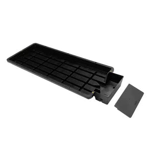 Black rectangular plastic Tray2Grow hydroponic tray with an internal grid and a detached lid piece.
