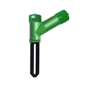 Green, Y-shaped Ecowitt wireless soil moisture meter with a long, black sensor probe for monitoring plant hydration.