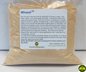 A clear plastic bag of tan Wheast powder for feeding green lacewings, featuring a detailed instruction label.