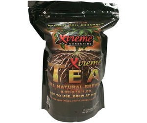 Black pouch of Xtreme Tea Brews containing 10 compost tea and microbe packs to enhance soil for plants.