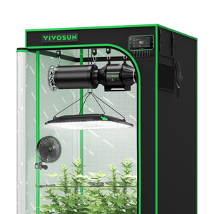 Black and green Vivosun grow tent containing a hanging grow light, ventilation fan, filter, clip fan, and green plants.