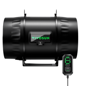 Black Vivosun inline ventilation duct fan with a digital controller showing a green display on a black background.