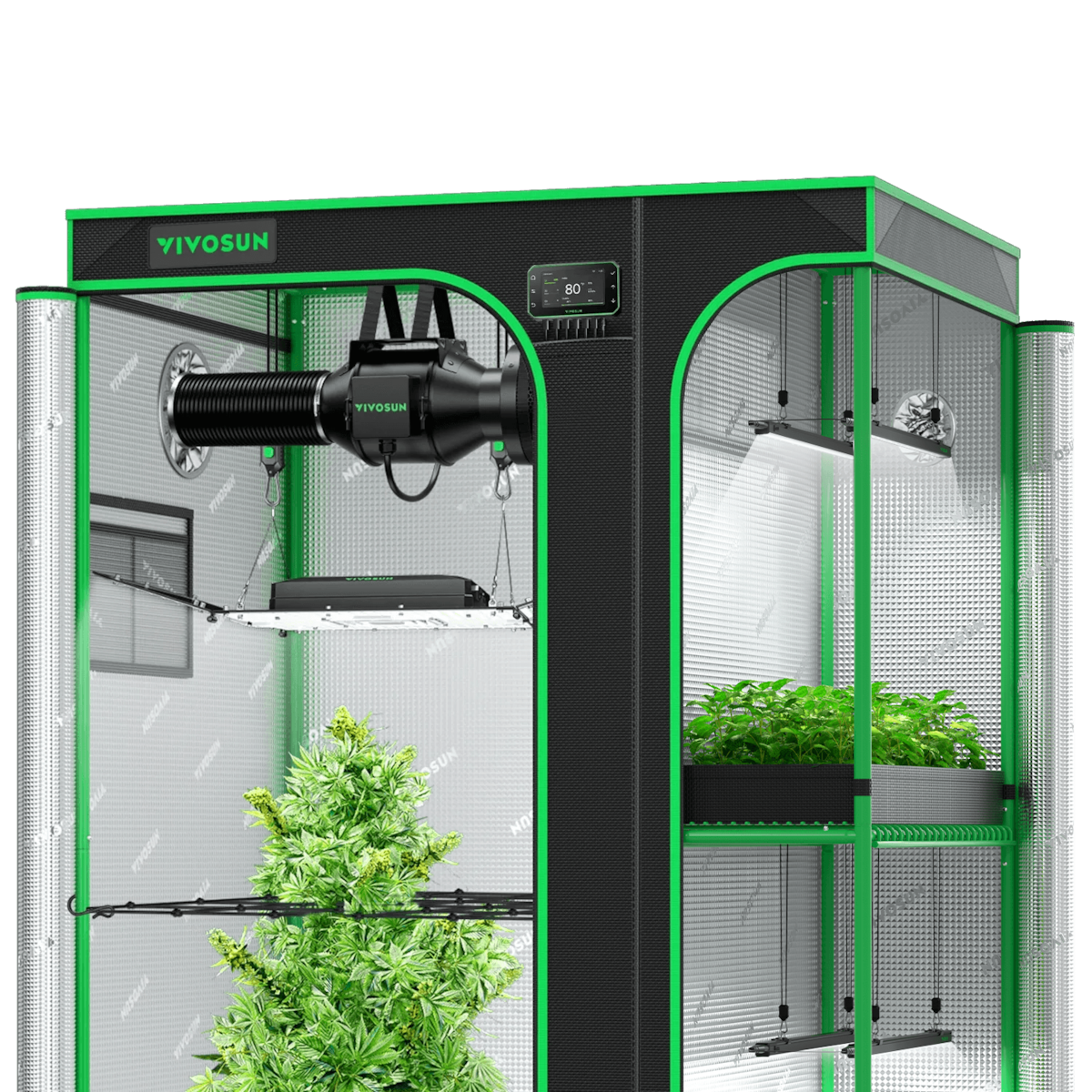 VIVOSUN grow tent with green trim, hanging LED lights, inline duct fan, and plants growing inside.