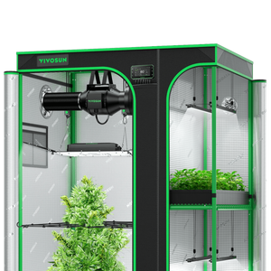 VIVOSUN grow tent with green trim, hanging LED lights, inline duct fan, and plants growing inside.