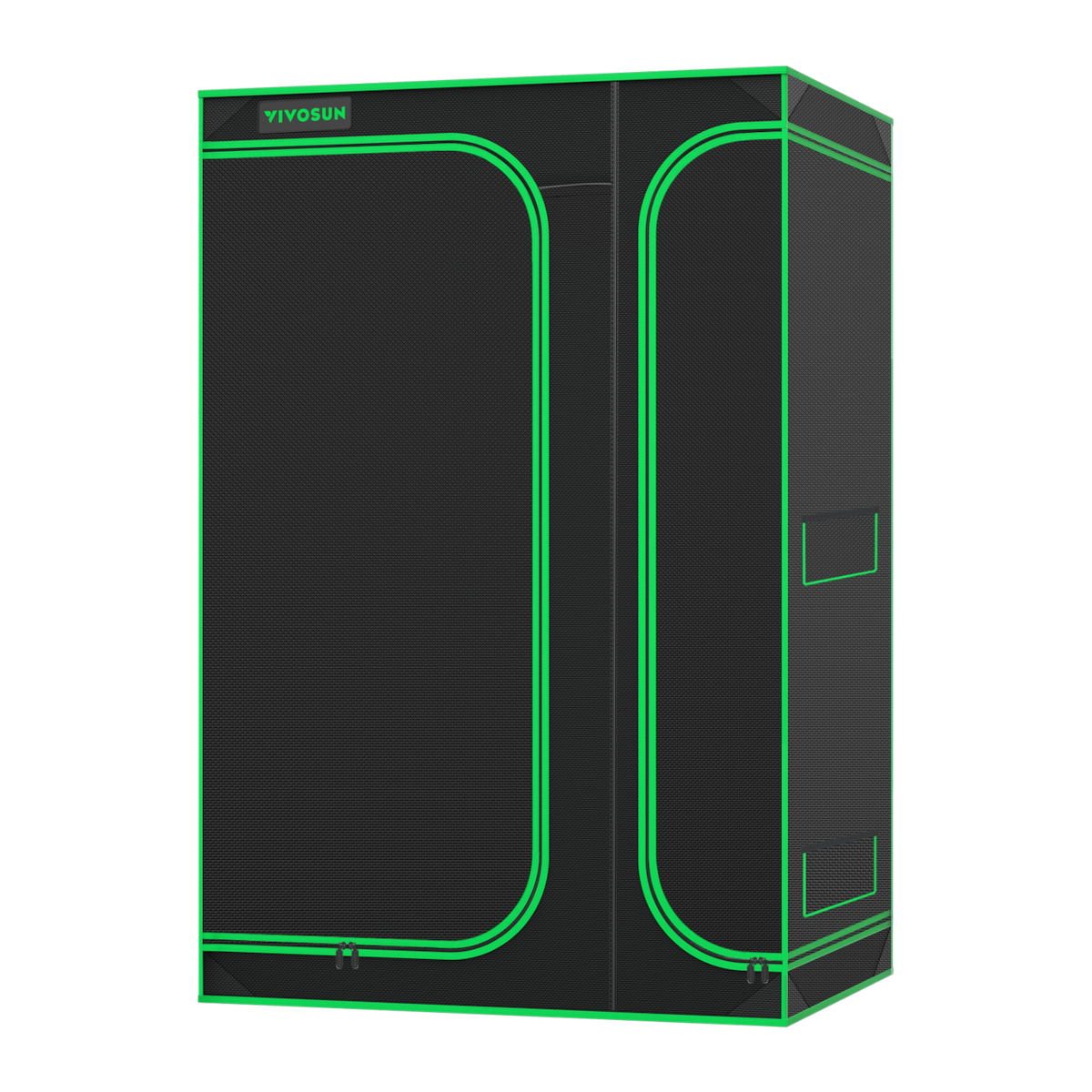 Black and green Vivosun grow tent with double doors and neon green trim against a black background.
