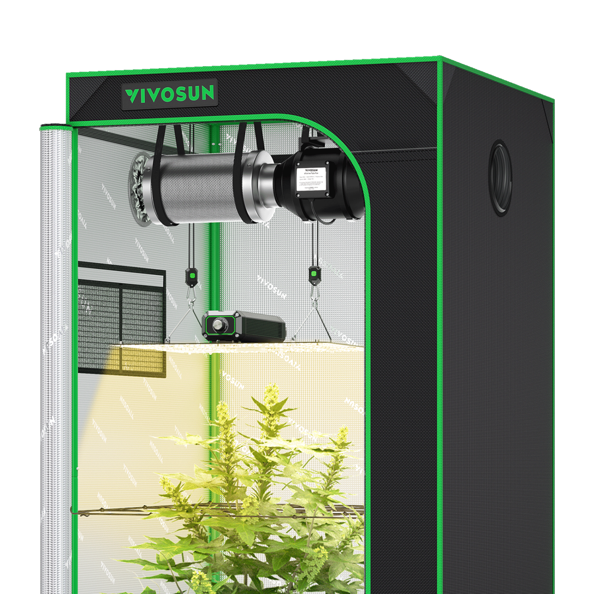 Black and green grow tent containing a ventilation system, hanging grow light, and green plant.