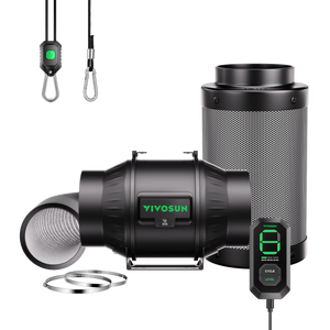 Black VIVOSUN inline fan, carbon filter, ducting, digital controller, rope hangers, and clamps on black.