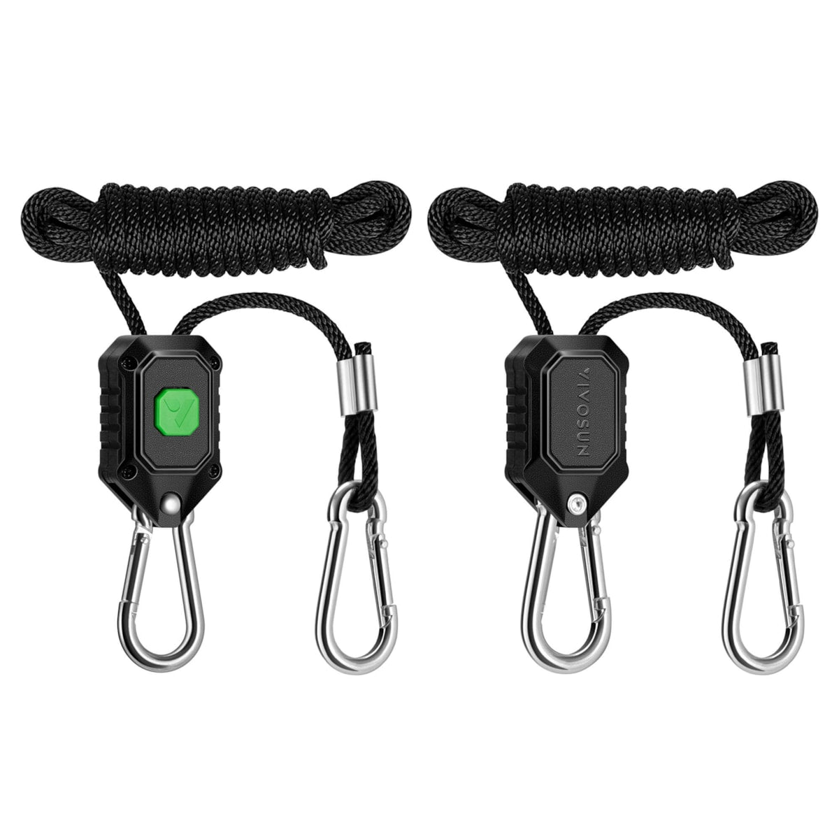 Two black rope hangers with ratchets, coiled black ropes, and metal carabiners.