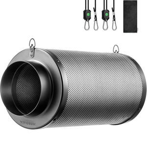 Cylindrical silver and black carbon filter with hanging hooks, rope ratchets, and a filter cloth.