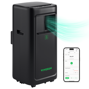 Black portable air conditioner with green airflow graphics and a smartphone showing control app.