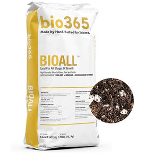 A white and yellow bag of bio365 bioAll organic soil, showing a close-up of the dark, perlite-rich potting mix.