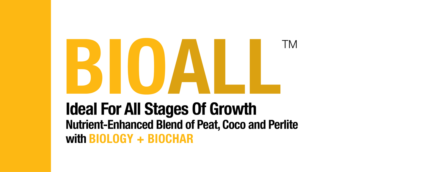 Bio365 BioAll organic soil branding featuring yellow text on white, highlighting its peat, coco, and perlite blend.