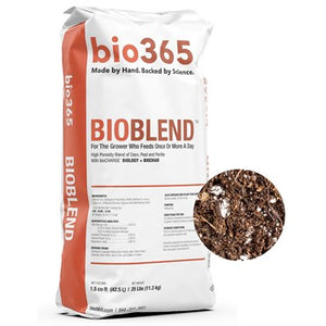 A 1.5cf white and orange bag of Bio365 BioBlend organic potting soil, shown with a circular sample of dark, rich soil.