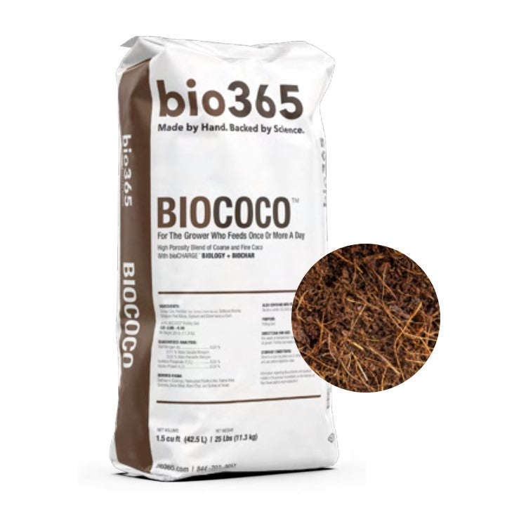 A 1.5cf white bag of bio365 BioCoco no-float coco coir potting mix with an inset showing its brown, fibrous texture.