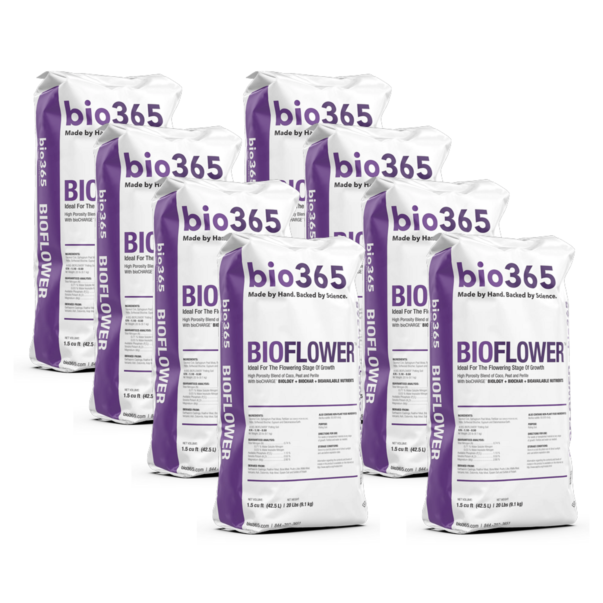 Multiple 1.5cf white bags of bio365 bioFlower OMRI organic soil with purple branding, designed for flowering plant growth.
