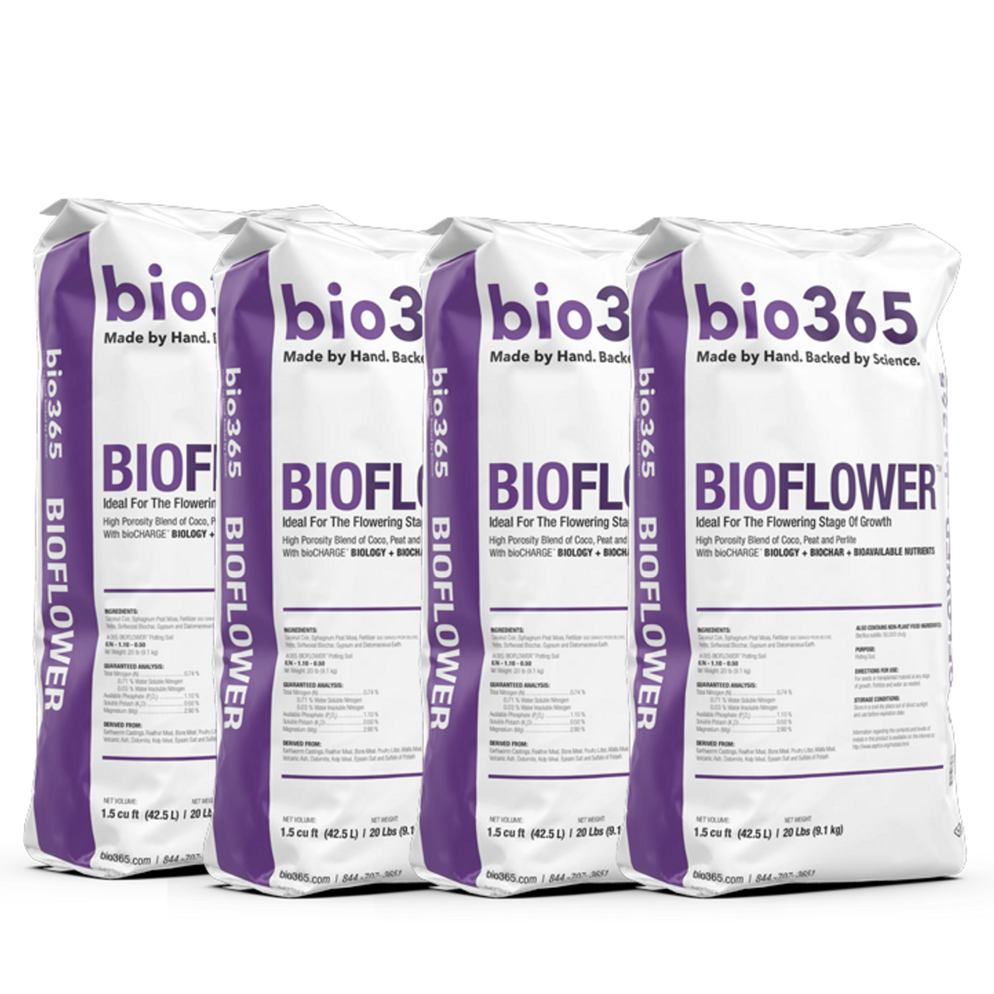 Four white and purple 1.5cf bags of bio365 bioFlower OMRI-certified organic potting soil for the flowering stage.