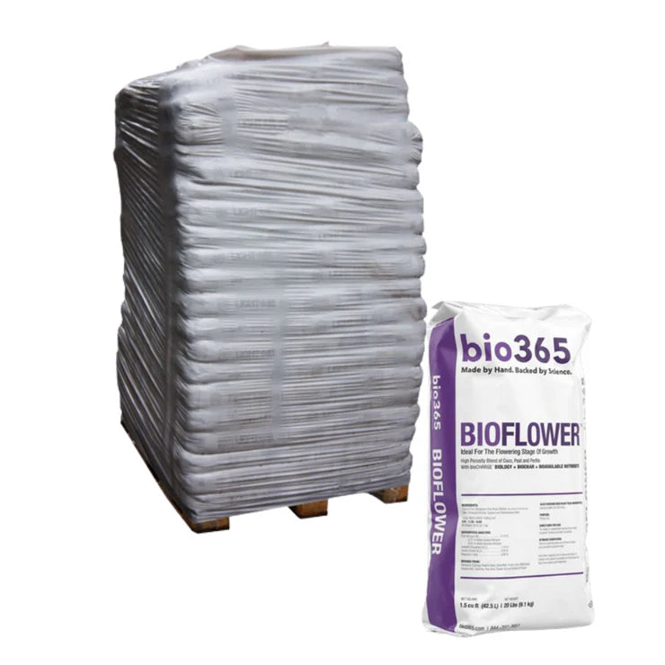 A pallet of shrink-wrapped bio365 bioFlower organic soil bags and one single 1.5cf bag for flowering stage growth.