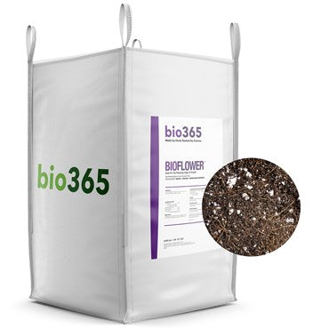 Large white woven bulk bag of bio365 bioFlower organic soil with a circular inset showing the dark, textured mix.
