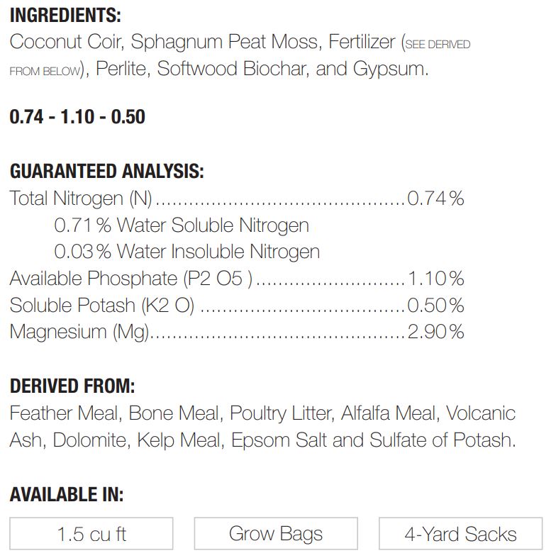 Text summary of bio365 bioFlower organic soil ingredients, guaranteed nutrient analysis, and available packaging sizes.