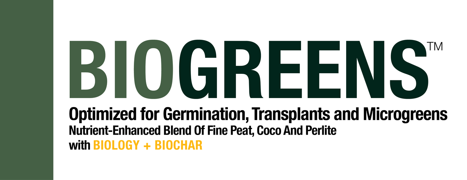 Bio365 bioGreens organic soil blend text logo with a green sidebar, featuring peat, coco, perlite, biology, and biochar.