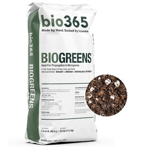 A 1.5cf bag of bio365 bioGreens organic soil with a circular inset showing the dark, perlite-rich texture.
