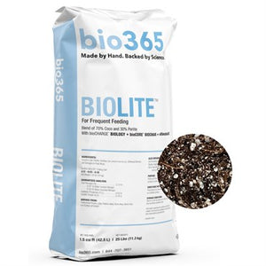 A 1.5cf white bag of bio365 bioLite organic potting soil, a coco and perlite blend for frequent plant feeding.