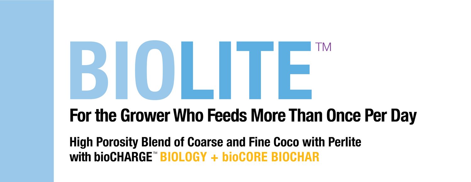 Product label for bio365 bioLite organic soil, a high-porosity blend of coco and perlite for frequent feeding.