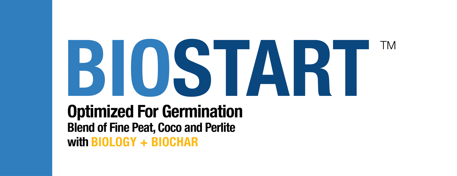 Bio365 BioStart organic germination soil mix branding with blue text, detailing peat, coco, perlite, biology, and biochar.